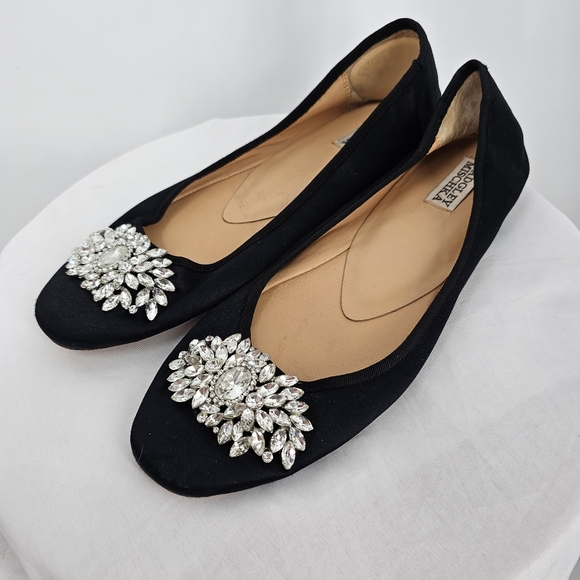 Badgley Mischka Shoes - Badgley Mischka Pippa Crystal Flats Size 8 Black Satin